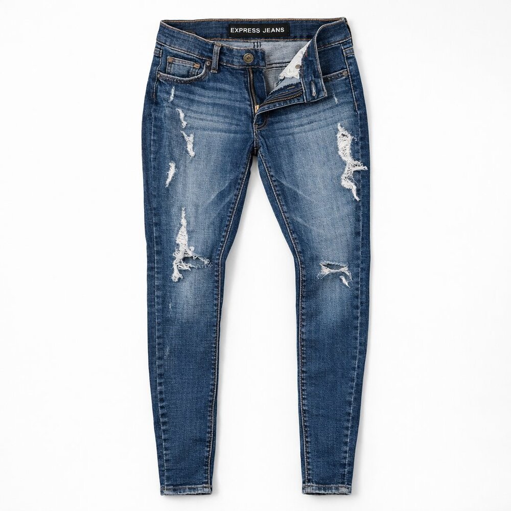 Express Mid Rise Legging Jeans Size 10 Distressed Dark Wash Stretch Denim